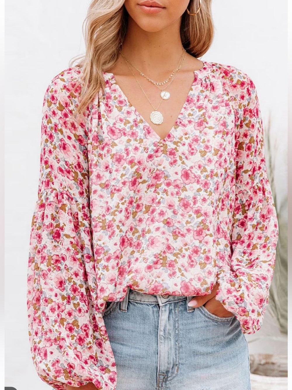 Amazon Floral Split V-Neck Long Sleeve Balloon Blouse Pink Size 1XL